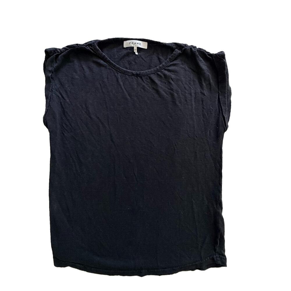 Frame Denim Womens Black 100% Organic Linen Cap Sleeve Shirt S